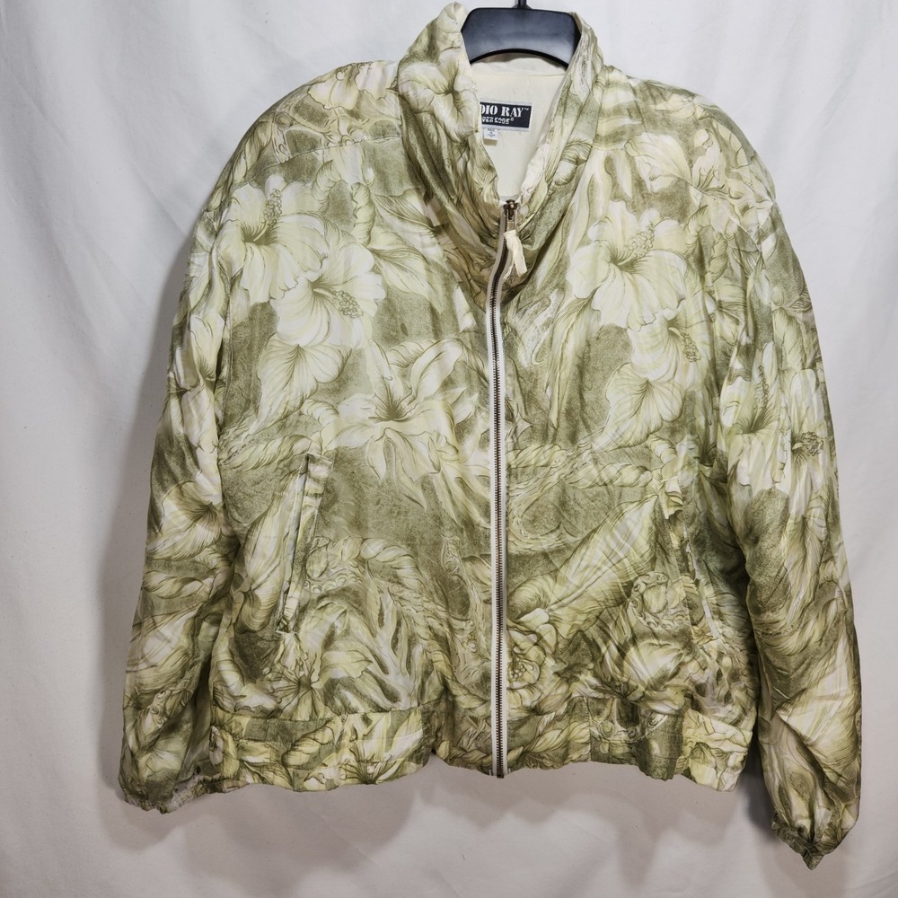 Vintage Studio Ray Womens 100% Silk  Jacket Size Lg Green Bomber Shoulder Pads